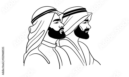 Emirati 2 mans in traditional clothes, continuous line art drawing. Muslim in a hijab. Vector illustration isolated on white background.