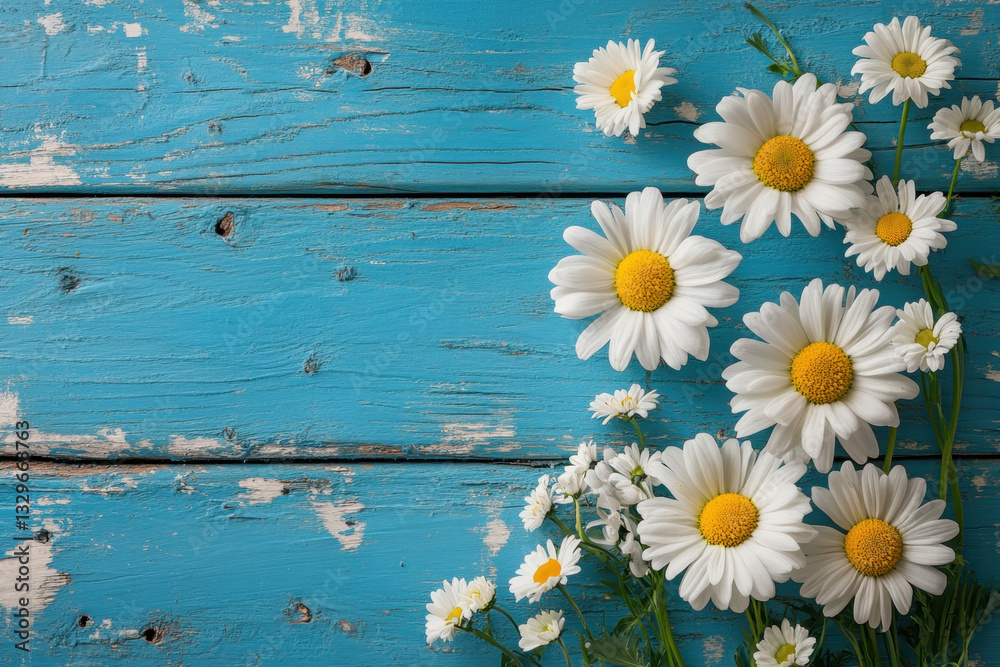 Fototapeta premium A white daisy in full bloom under the bright sun, surrounded by lush green grass in a serene garden setting.