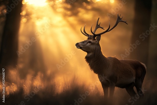 Majestic stag stands gracefully in a golden forest during early morning light