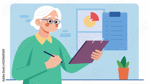 A senior attendee eagerly taking notes during a session on maximizing social security benefits.. Vector illustration
