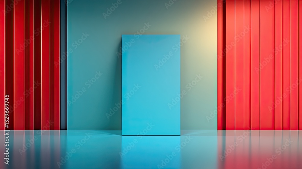 Abstract Minimalist Blue, Red and Teal Room Interior Design with Reflective Floor Abstract Minimalist Blue, Red and Teal Room Interior Design with Reflective Floor