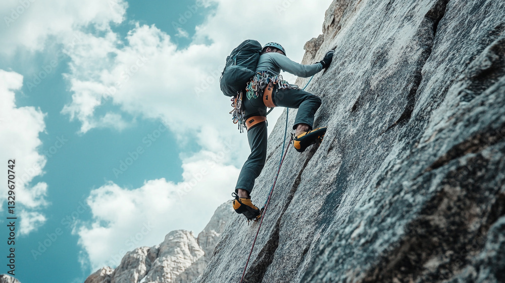 Fototapeta premium Climber ascending steep rocky mountain face under blue sky man risk view grey sport rocks nature