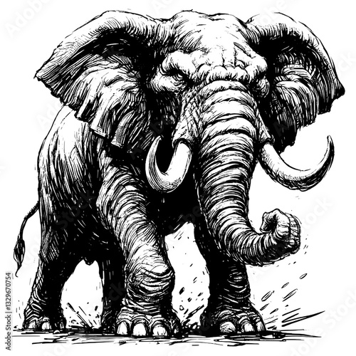 Elephant angry line art drawing ink sketch vector hand drawn illustration background