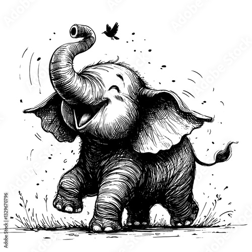 The happiness of elephant happy smile joy line art drawing ink sketch vector hand drawn illustration background