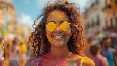 Pretty girl wearing sun glasses celebrating holi festival,