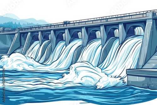 Detailed Illustration of Water Flowing from a Dam Structure