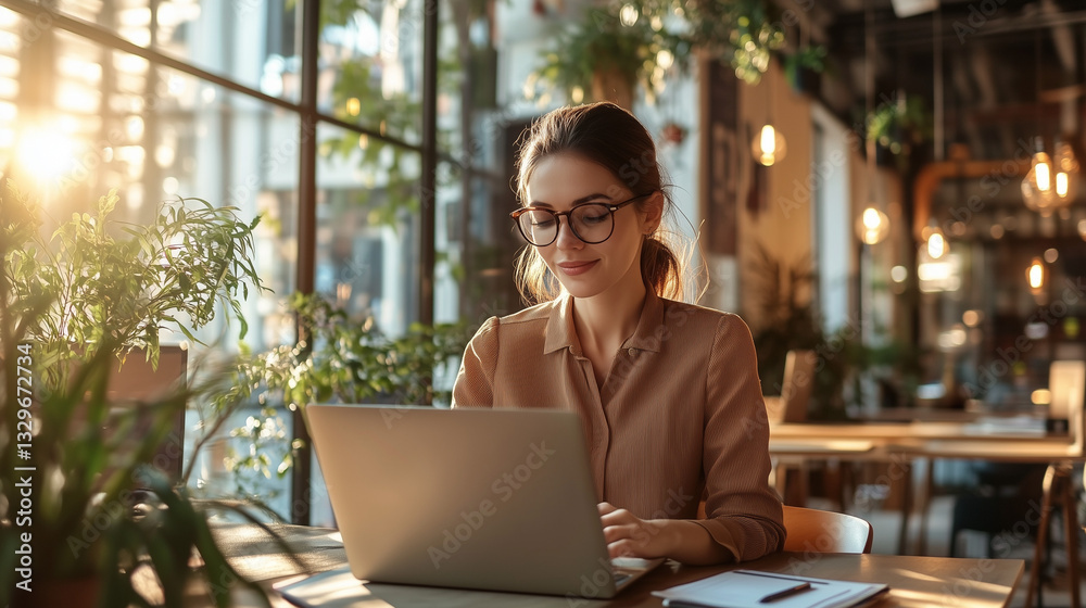 Fototapeta premium Professional Woman Working on Laptop in Modern Office