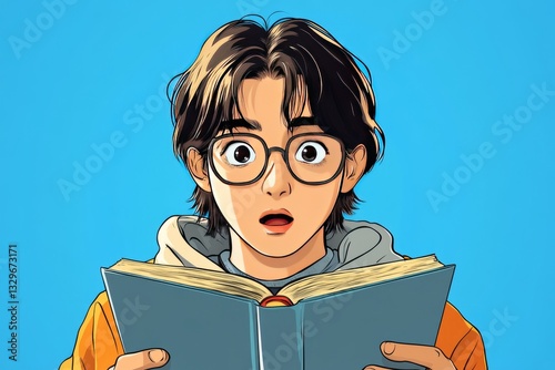anime style,male teenage student reading a book and showing an expression of surprise 