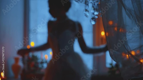 Shadow blurred silhouette of woman queen, vintage white dress. sexy girl princess by window. Fantasy fairy tale victorian lady, dusk dark room old style warm candles flame light burning. video art 4k