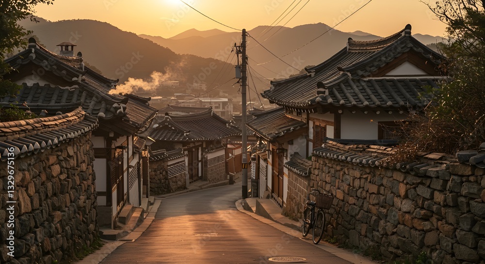 The atmosphere of Hanok Village colored by sunset The atmosphere of Hanok Village colored by sunset