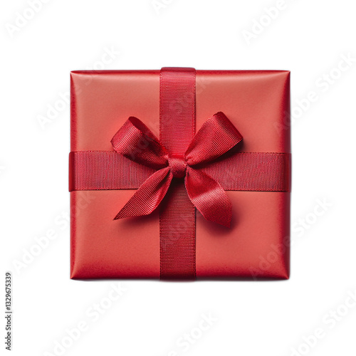 This image is of a single square gift box wrapped in red paper with a red ribbon. photo