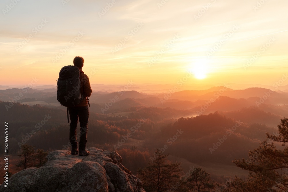 Sunset over mountains captivates a hiker reflecting on nature's beauty during a serene evening in the wilderness Sunset over mountains captivates a hiker reflecting on nature's beauty during a serene evening in the wilderness