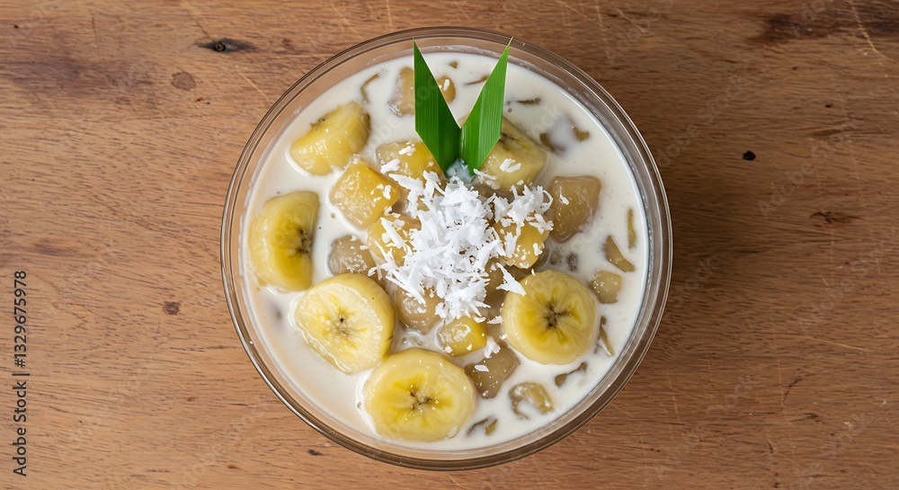 Traditional Indonesian banana dessert with coconut milk Traditional Indonesian banana dessert with coconut milk