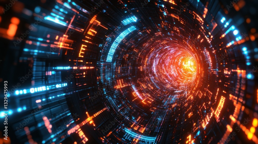 Quantum Core Glowing with Flowing Binary Data Stream Quantum Core Glowing with Flowing Binary Data Stream