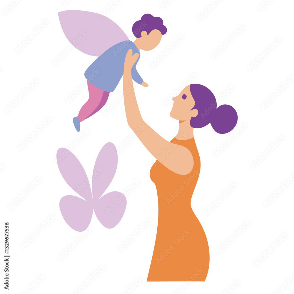 Mother's Day: Baby Reaches for Butterfly, Joyful Flat Illustration    