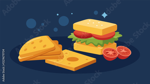 As hunger strikes in the middle of the night a plate of cheddar and pepper jack cheese cubes y crackers and a mini BLT sandwich hits the spot.. Vector illustration