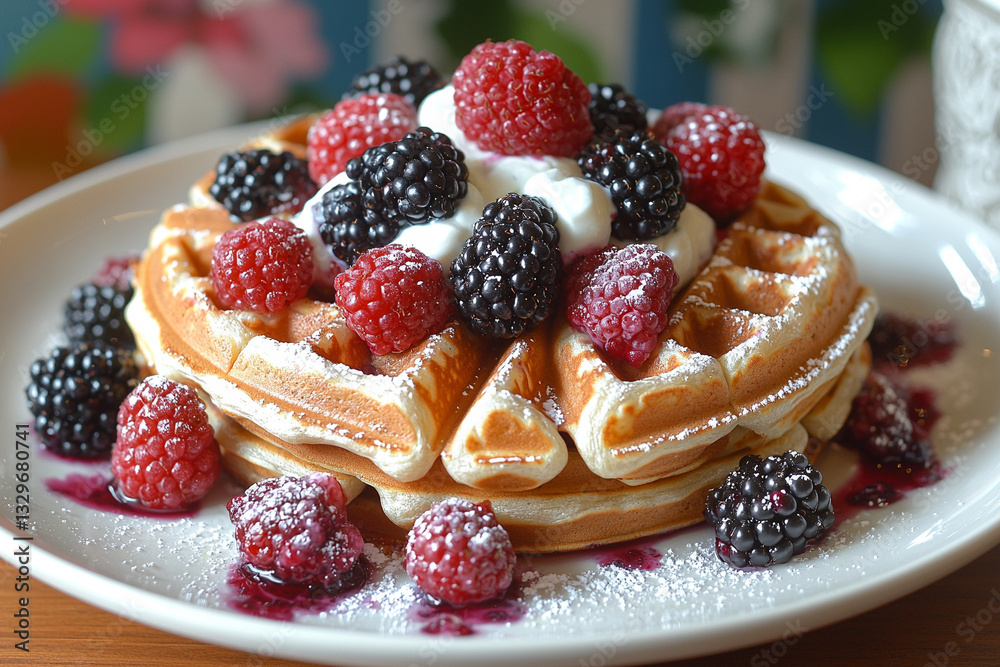 Waffles with mixed berries and yogurt in a stylish breakfast nook