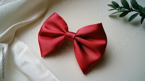 Minimalist red bow, its soft satin texture creating a striking contrast on a white background.