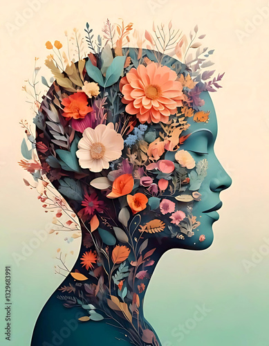 Floral Human Mind Symbolizing Mental Health and Growth  
