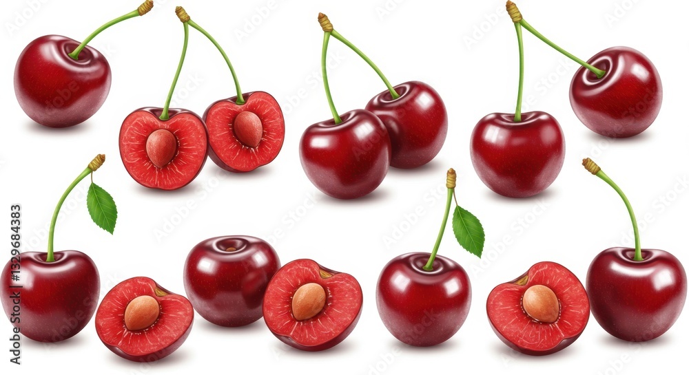 Isolated Whole and Halved Cherries Isolated Whole and Halved Cherries