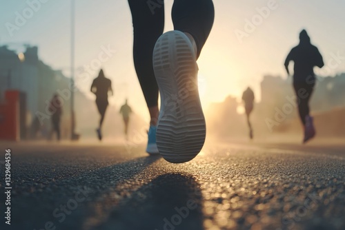 close up shot to the athletes's foot running in a race,running on city road detail on legs,running in the light of morning