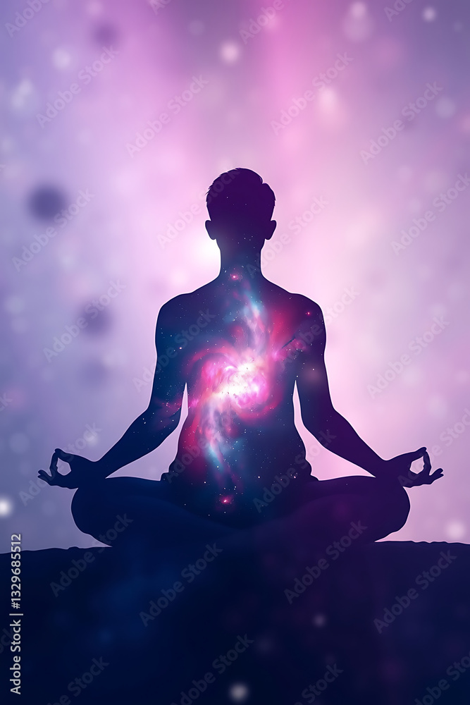Double exposure of a serene meditator dissolving into a luminous galaxy, with a dreamy, starry sky enhancing the cosmic atmosphere. AI-generated