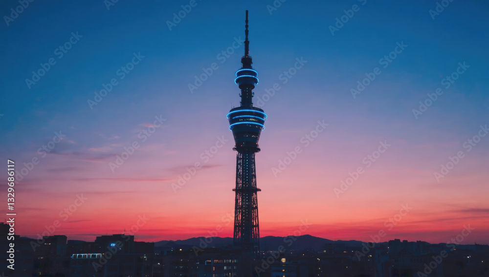 Mobile Network and Connectivity Concept, Stunning skyline view of communication tower at sunset