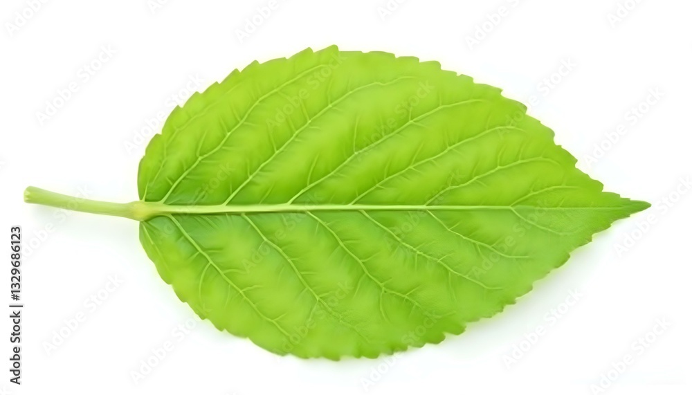 Obraz premium A close-up studio shot of a single, vibrant green leaf against a stark white background