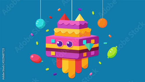 A colorful pinata hanging from the ceiling filled with sweets and treats ready to be broken open by enthusiastic seniors.. Vector illustration