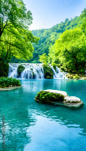 Serene waterfall cascading into a turquoise pool, surrounded by lush green forest