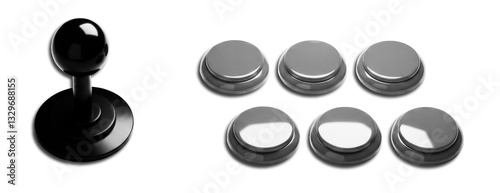 Grey Buttons, Retro Arcade Control with Joystick,  Isolated Transparent PNG