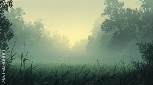 Serene MistShrouded Meadow at Dawn Trees and Tall Grass photo