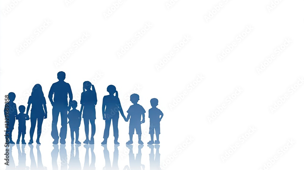 Large family silhouette, posing, white background, unity concept, website banner Large family silhouette, posing, white background, unity concept, website banner
