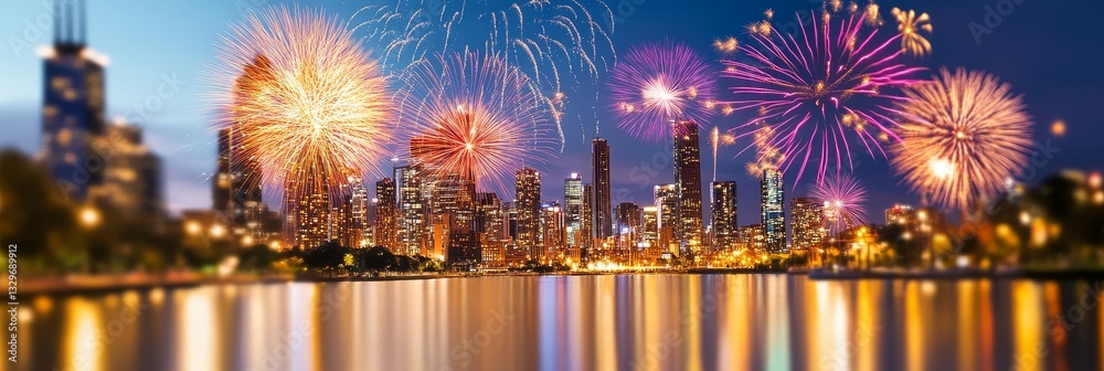 Obraz premium Cityscape Fireworks Display - Stunning fireworks explode over a city skyline, reflecting in calm water. A vibrant and celebratory scene