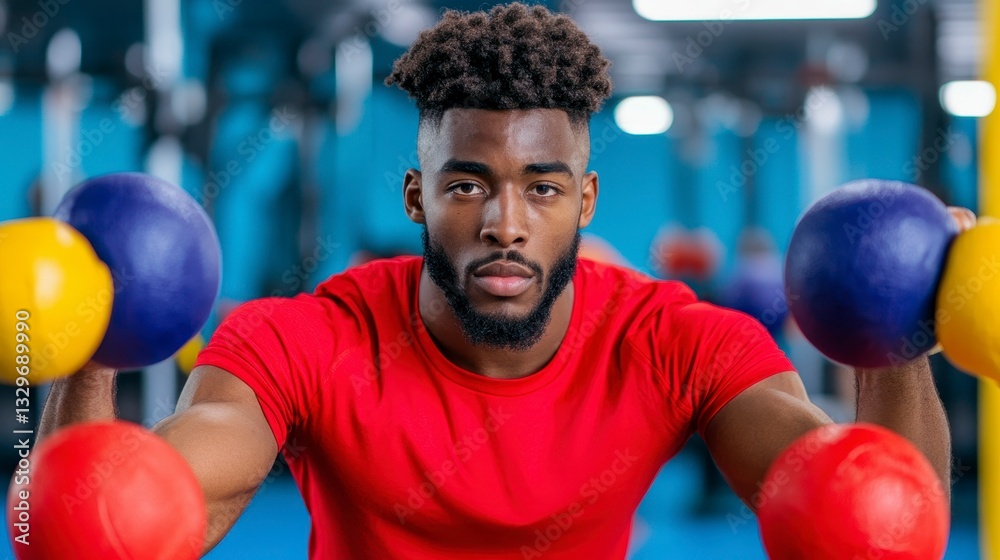 Focused athlete training in gym, working out with colorful dumbbells for strength and endurance, showcasing dedication and fitness. Focused athlete training in gym, working out with colorful dumbbells for strength and endurance, showcasing dedication and fitness.