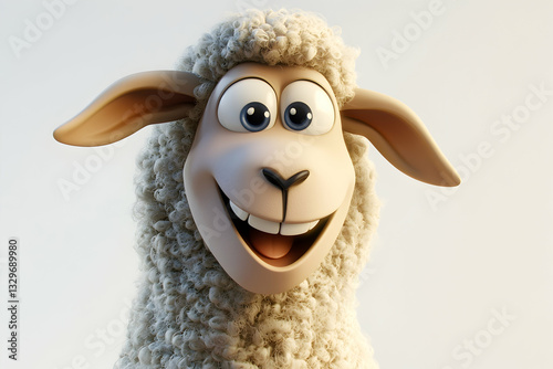 Sheep with a cheerful and happy face on a plain white background.