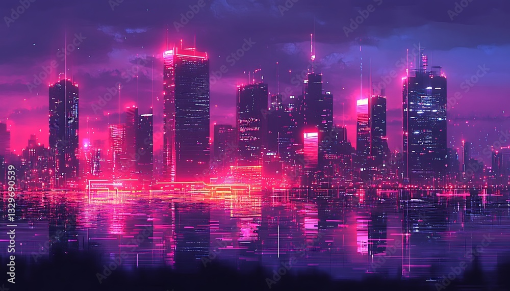 Obraz premium Neon cityscape reflected in water at night.