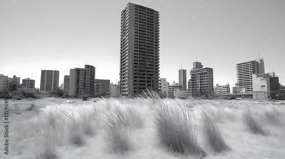 Fototapeta premium A desolate cityscape with tall buildings and tall grass