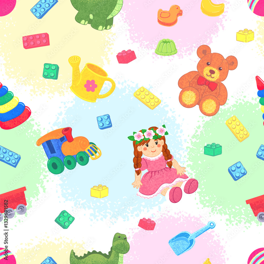 Fototapeta premium Vector Seamless Pattern with Colorful Textured Illustrations of Kids Toys on Colorful Textured Background