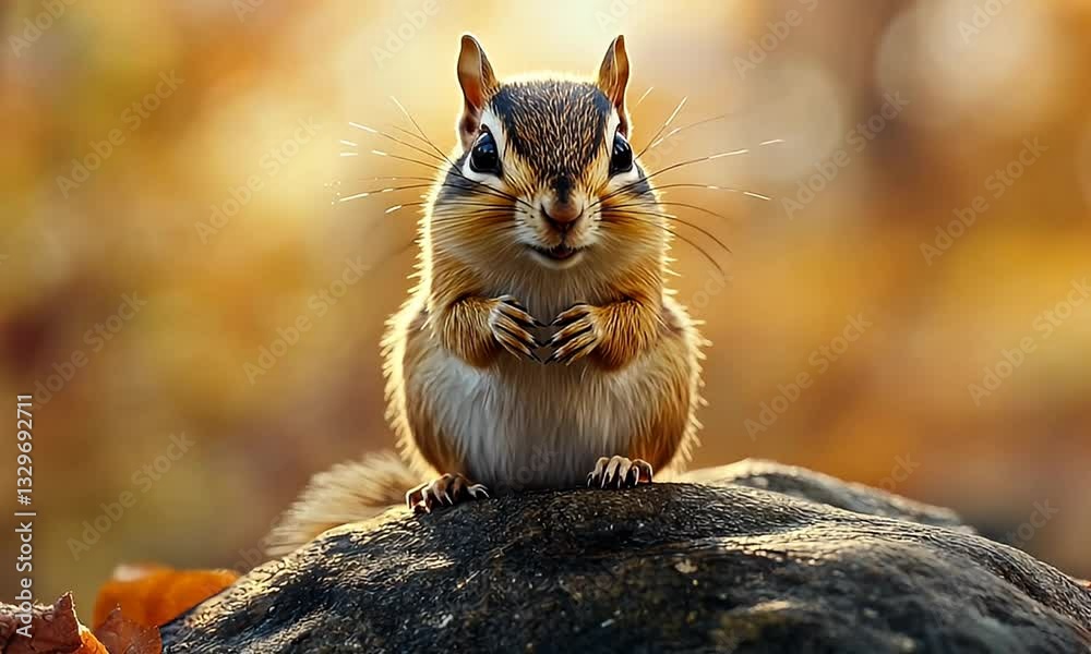 A curious chipmunk perched on a rock amidst autumn foliage