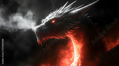Fiery, majestic dragon portrait; smoke from nostrils, red-orange fire along neck and body, dark background