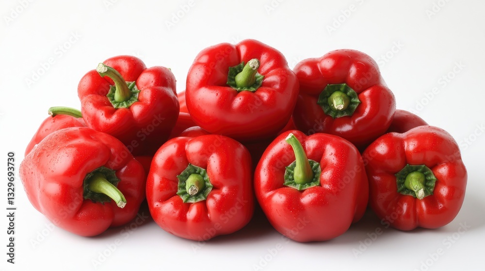 Fresh red bell peppers stacked together on a white background, showcasing vibrant colors and textures Fresh red bell peppers stacked together on a white background, showcasing vibrant colors and textures