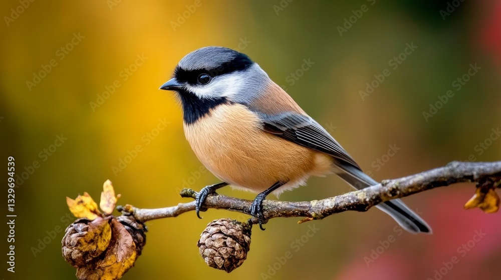 Obraz premium Grey Bird on Branch in Autumn - A small grey bird perches on a branch, symbolizing nature, peace, freedom, resilience, and beauty. Autumn leaves and pine cones add seasonal charm