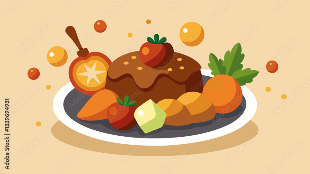 The perfect blend of sweet and savory the juicy chunks of beef and savory sauce complemented by the subtle sweetness of potatoes carrots and raisins.. Vector illustration The perfect blend of sweet and savory the juicy chunks of beef and savory sauce complemented by the subtle sweetness of potatoes carrots and raisins.. Vector illustration