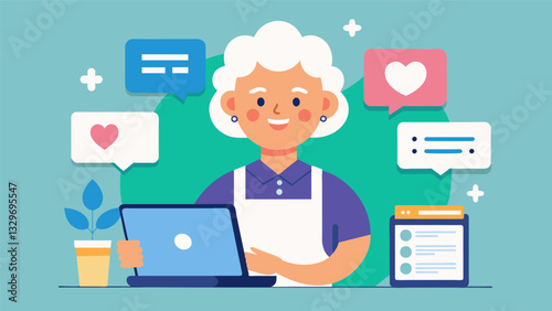 A senior lady showing off her newly created social media account with the help of a patient café employee.. Vector illustration