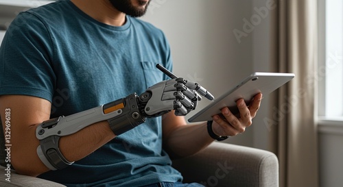 Man with Prosthetic Arm Using Tablet - Technology and Accessibility in Modern Life.