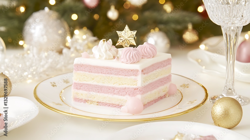 Fototapeta premium Christmas cake slice on table, holiday season