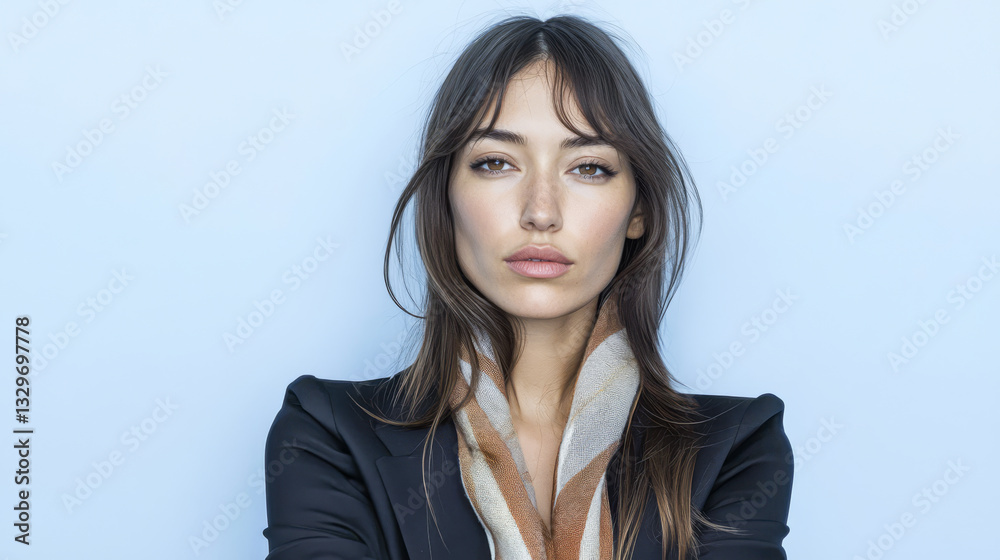 Elegant model poses with confidence against a soft blue backdrop showcasing a stylish scarf Elegant model poses with confidence against a soft blue backdrop showcasing a stylish scarf