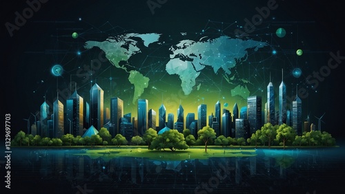 Stylized infographic representing corporate carbon neutrality with blockchain carbon credit trading and AI emissions tracking
