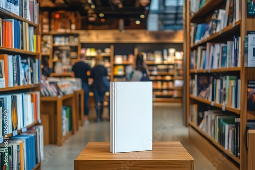 Blank Book Cover Mockup in Bookstore Setting Modern Library Interior Design